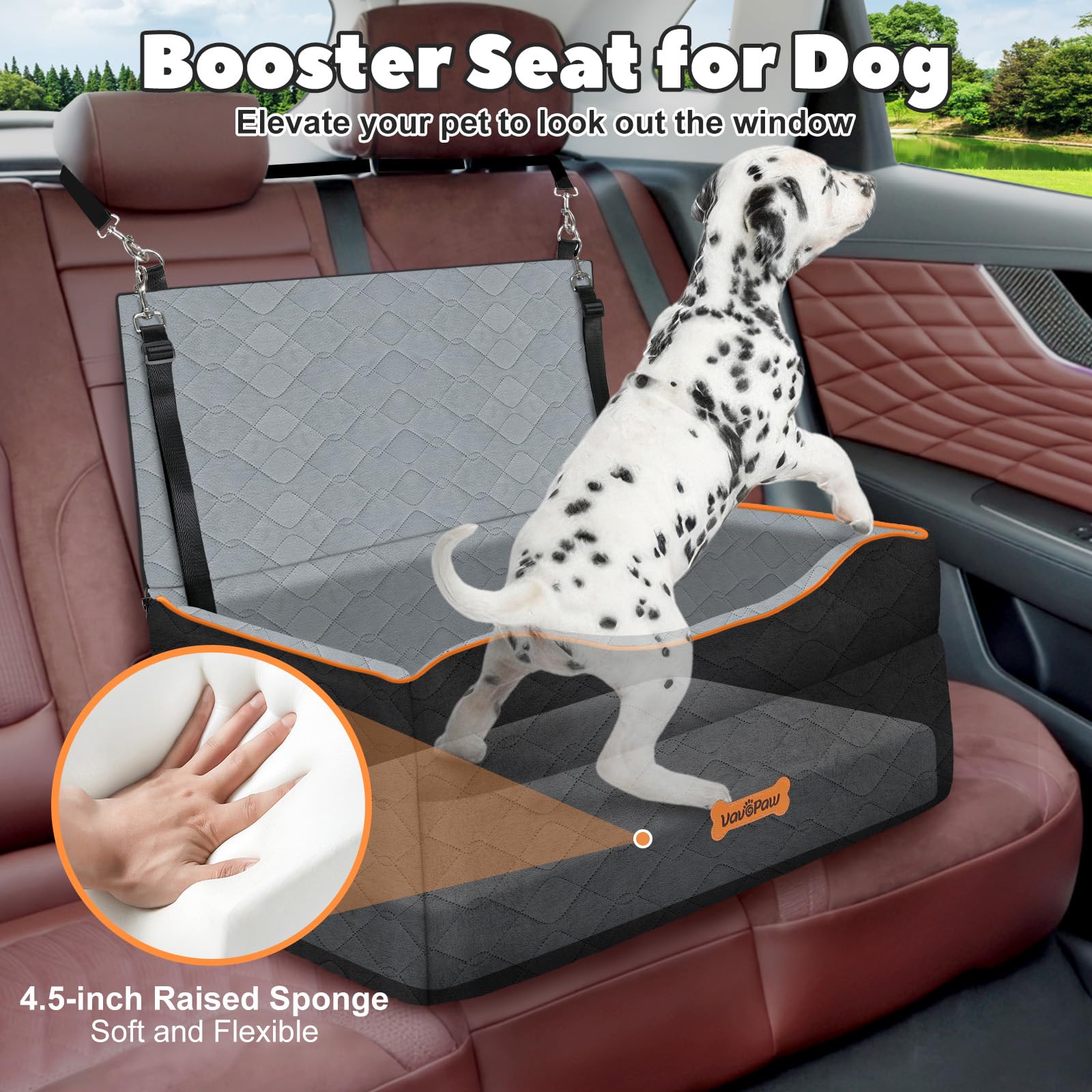 VavoPaw dog car seat close-up of 4.5-inch sponge cushion and sturdy sides