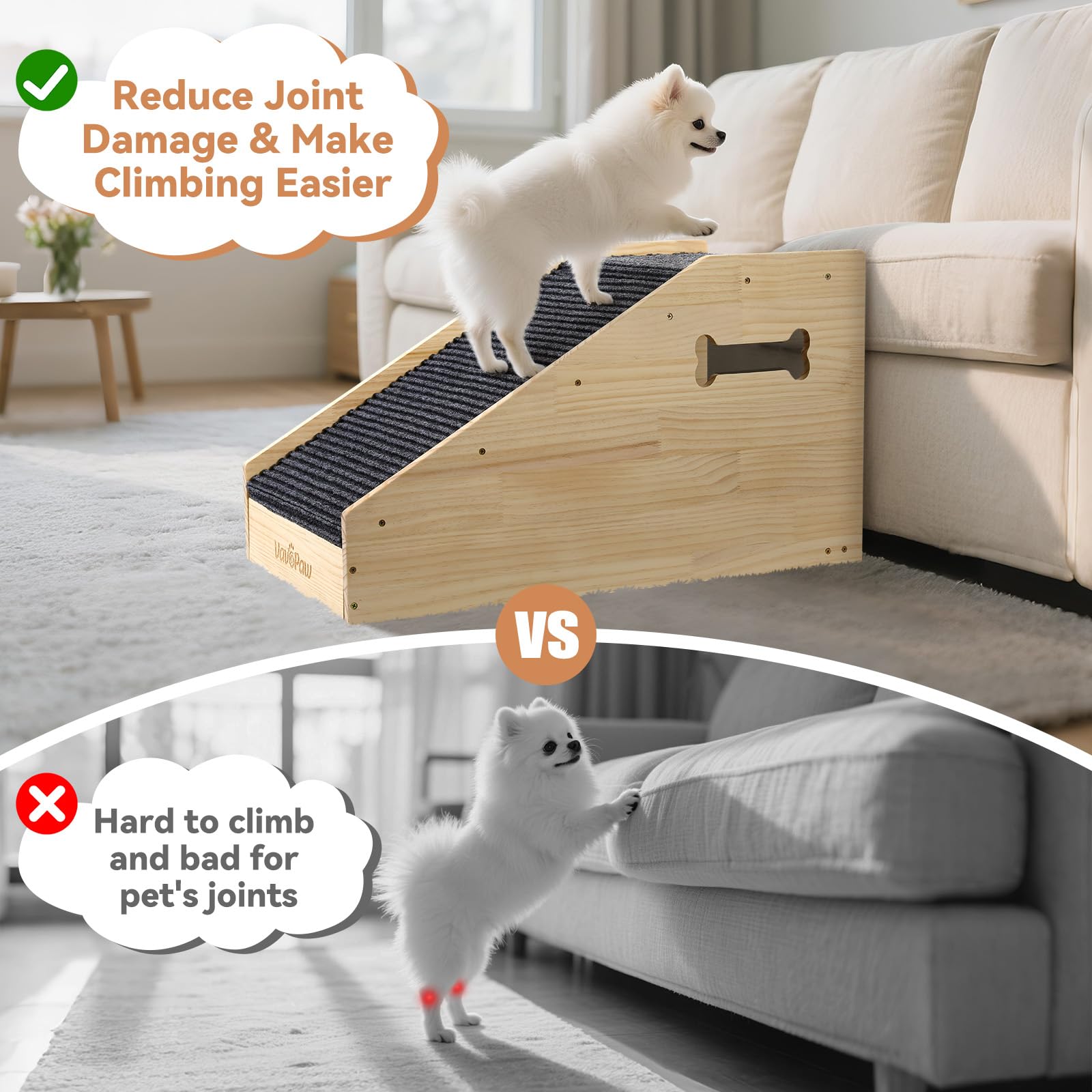 VavoPaw dog ramps placed beside bed and sofa for easy access.