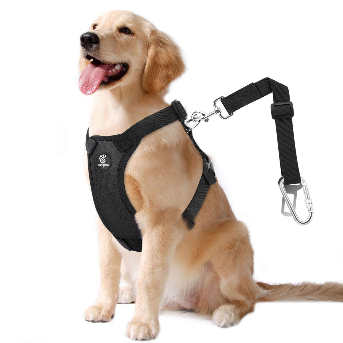 VavoPaw dog seat belt close-up shows secure buckle and durable nylon.