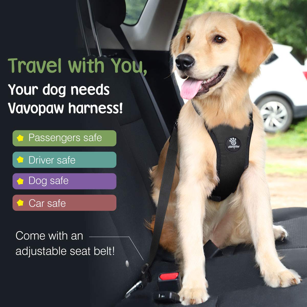 VavoPaw dog seat belt XL secure-attachment demonstrates easy tether connection for most cars.