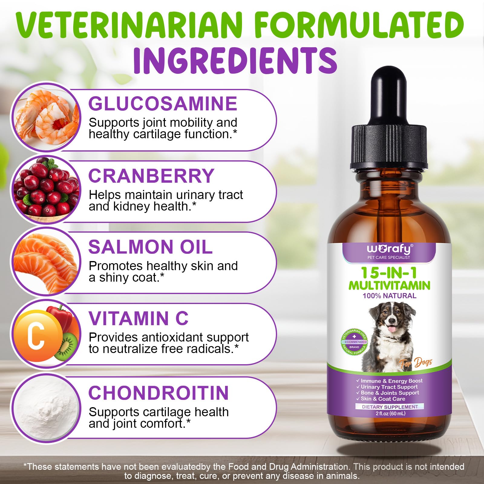 Vceeoy Dog Multivitamin Drops close-up shows glucosamine and cranberry ingredients