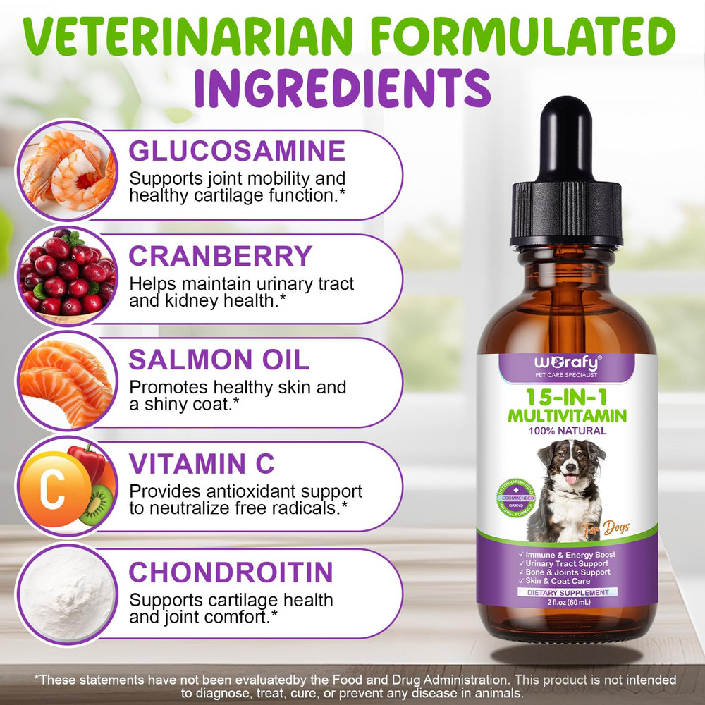 Vceeoy Dog Multivitamin Drops close-up shows glucosamine and cranberry ingredients
