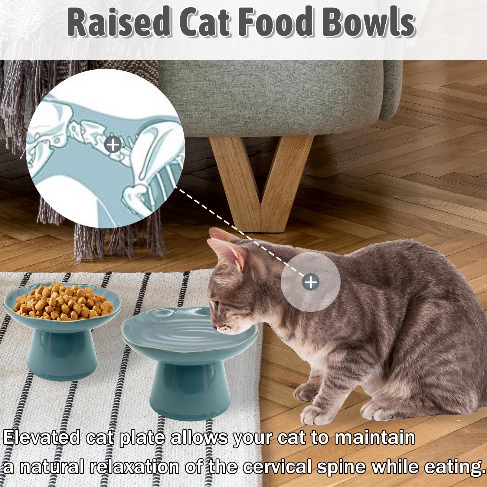 VCEPJH ceramic raised cat food dish close-up highlighting durable, pet-safe ceramic material.
