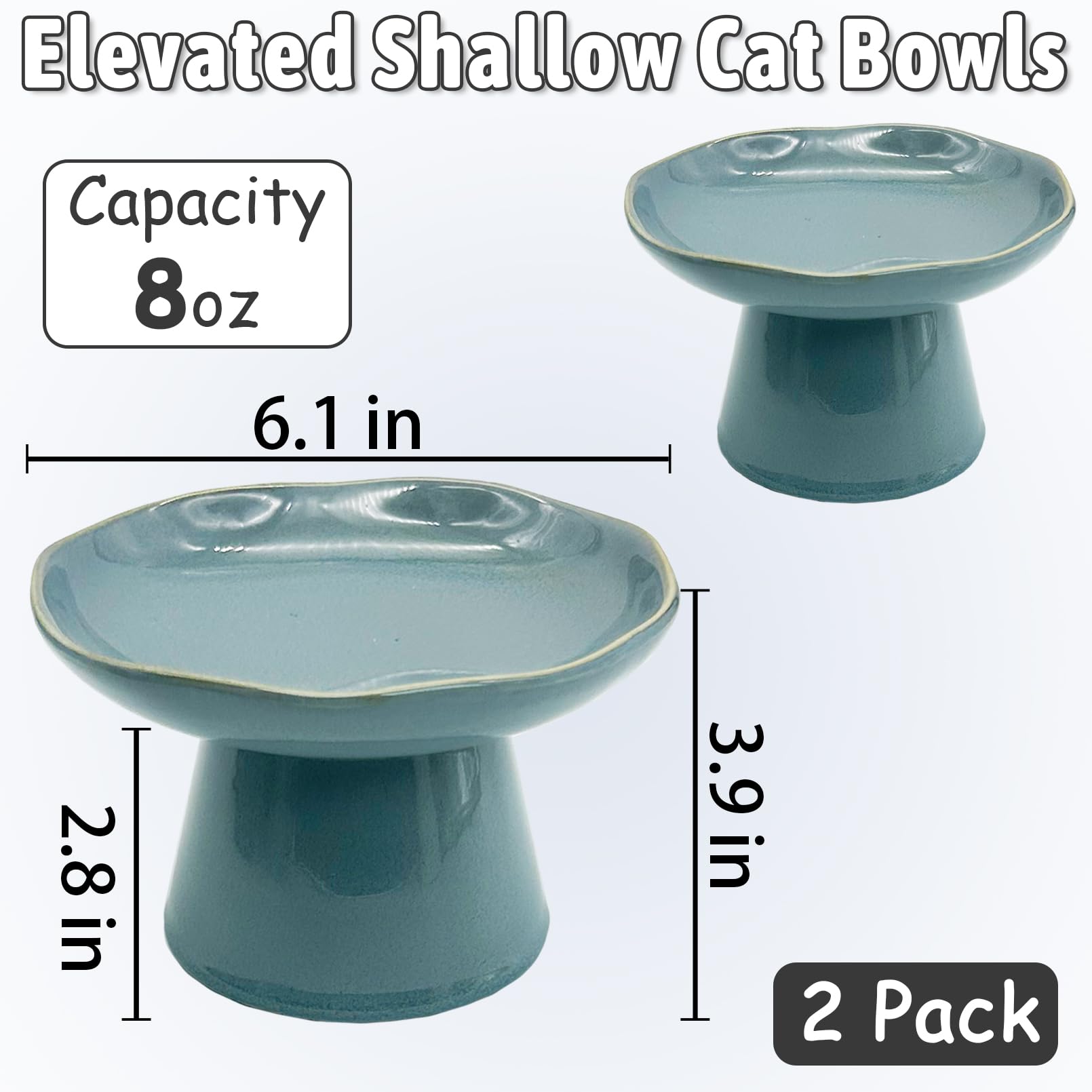 VCEPJH elevated cat bowls 2-pack blue side view showing stable anti-slip base for steady feeding.