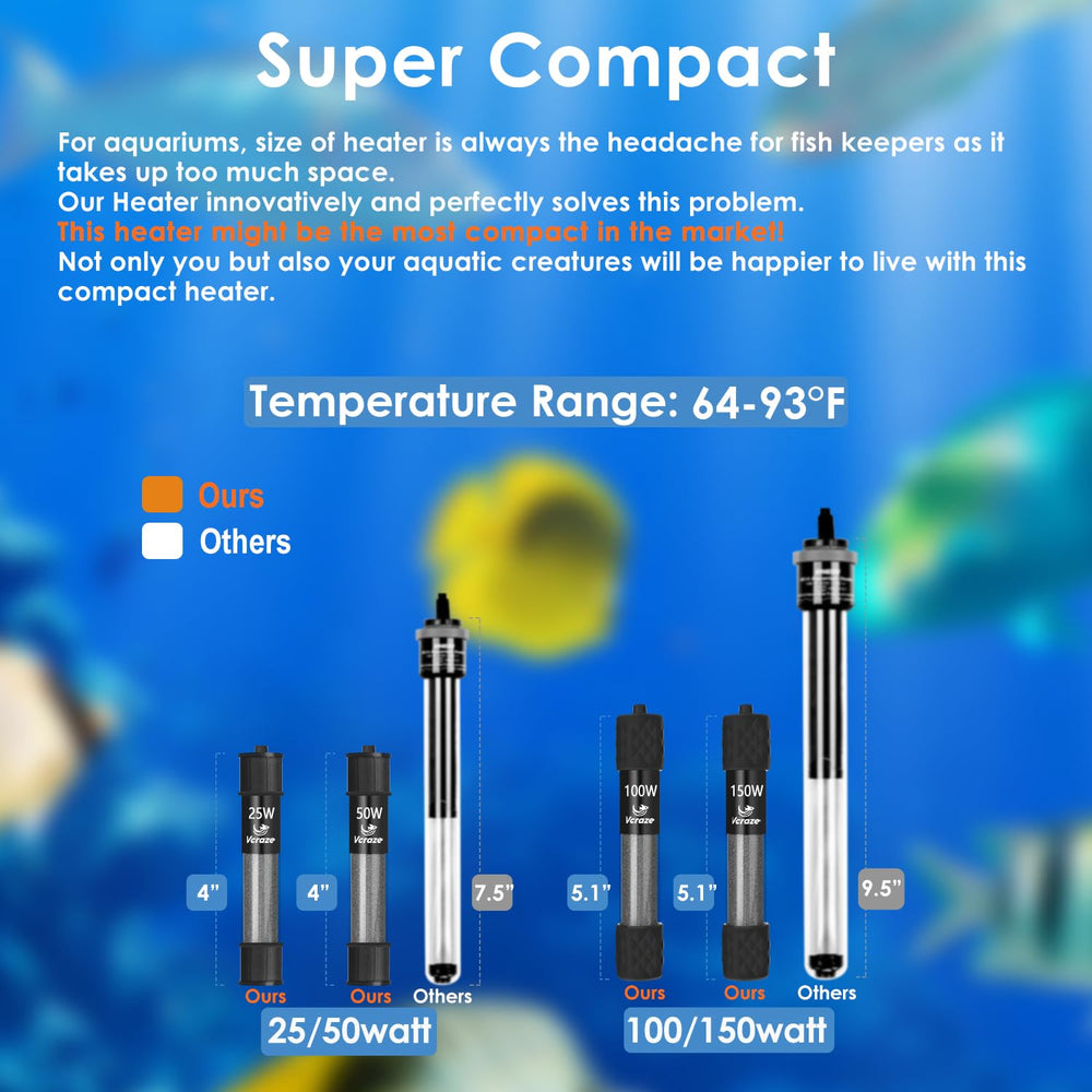 VCRAZE compact heater half-length design demonstrates fit in tight aquariums.