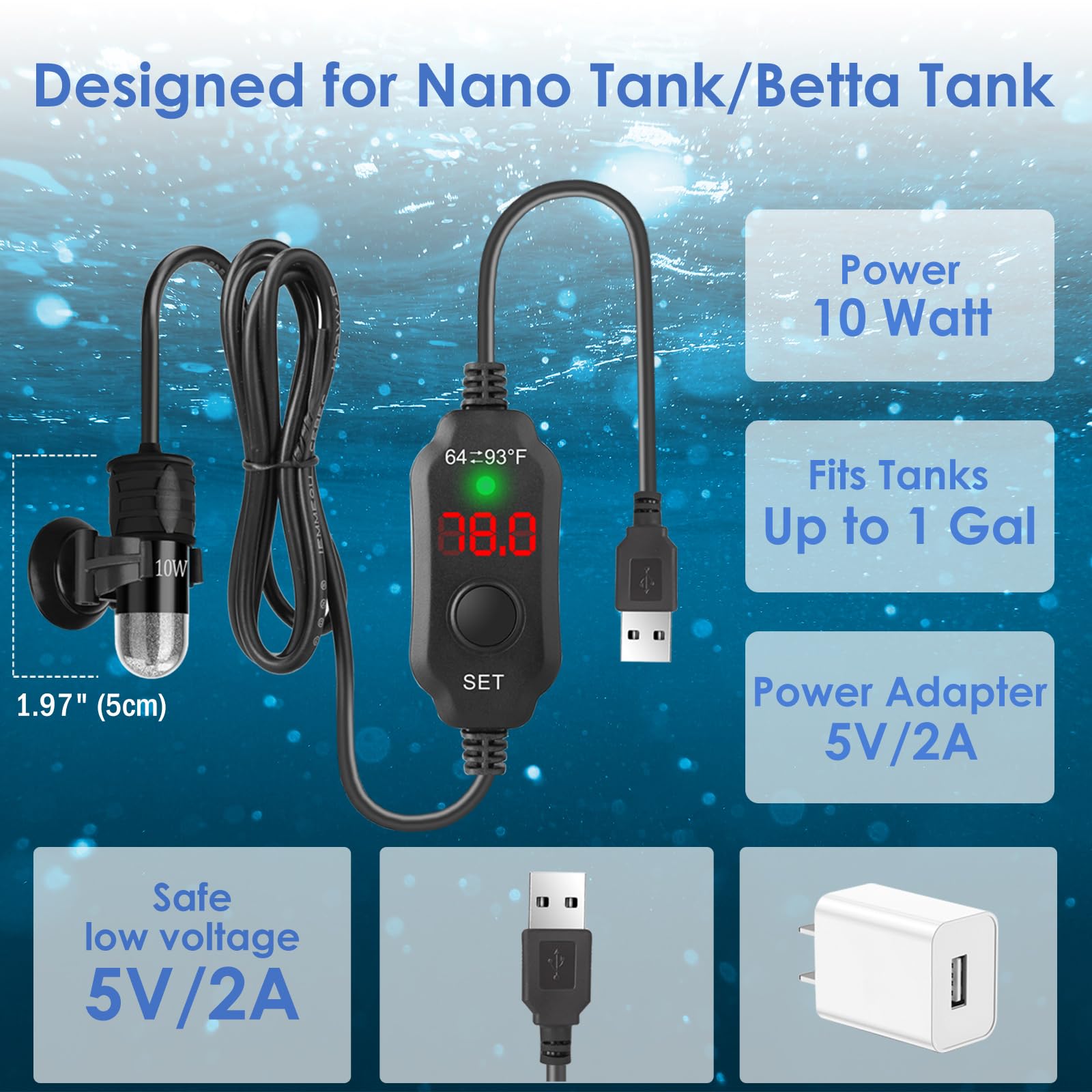 VCRAZE Mini Heater powered by 5V-2A USB for safe operation in small tanks.