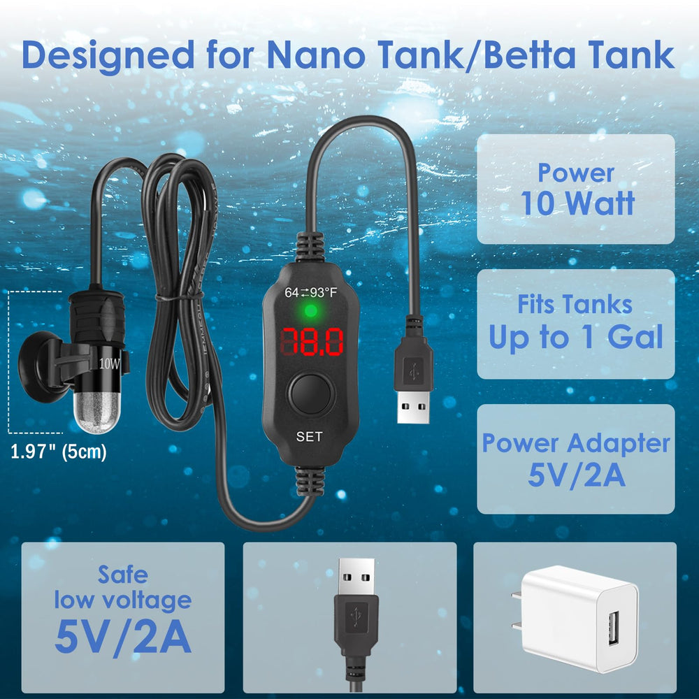 VCRAZE Mini Heater powered by 5V-2A USB for safe operation in small tanks.