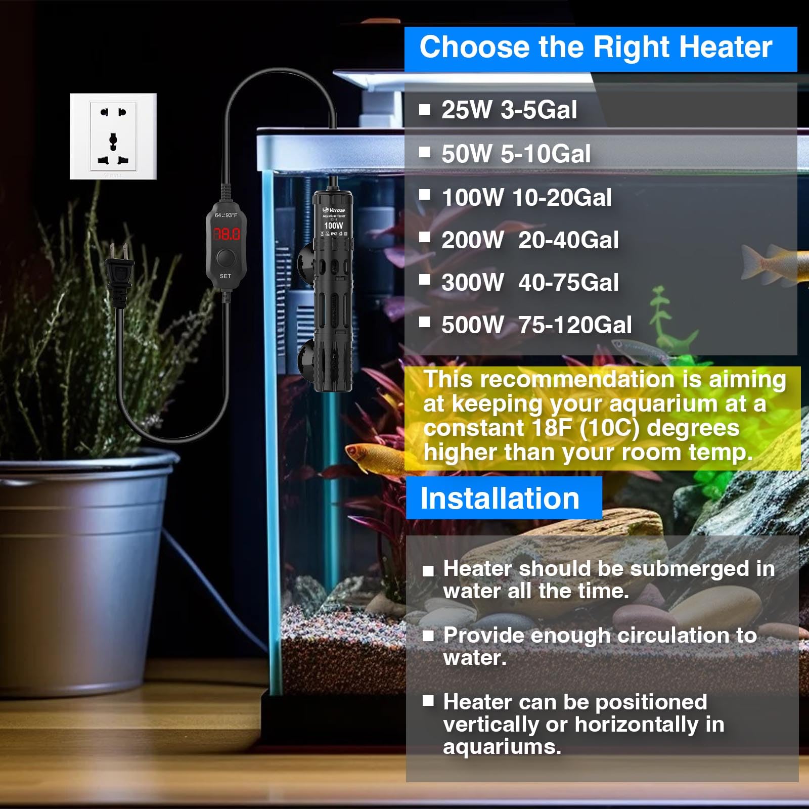 VCRAZE versatile heater for turtles, fountains, or seedling propagation