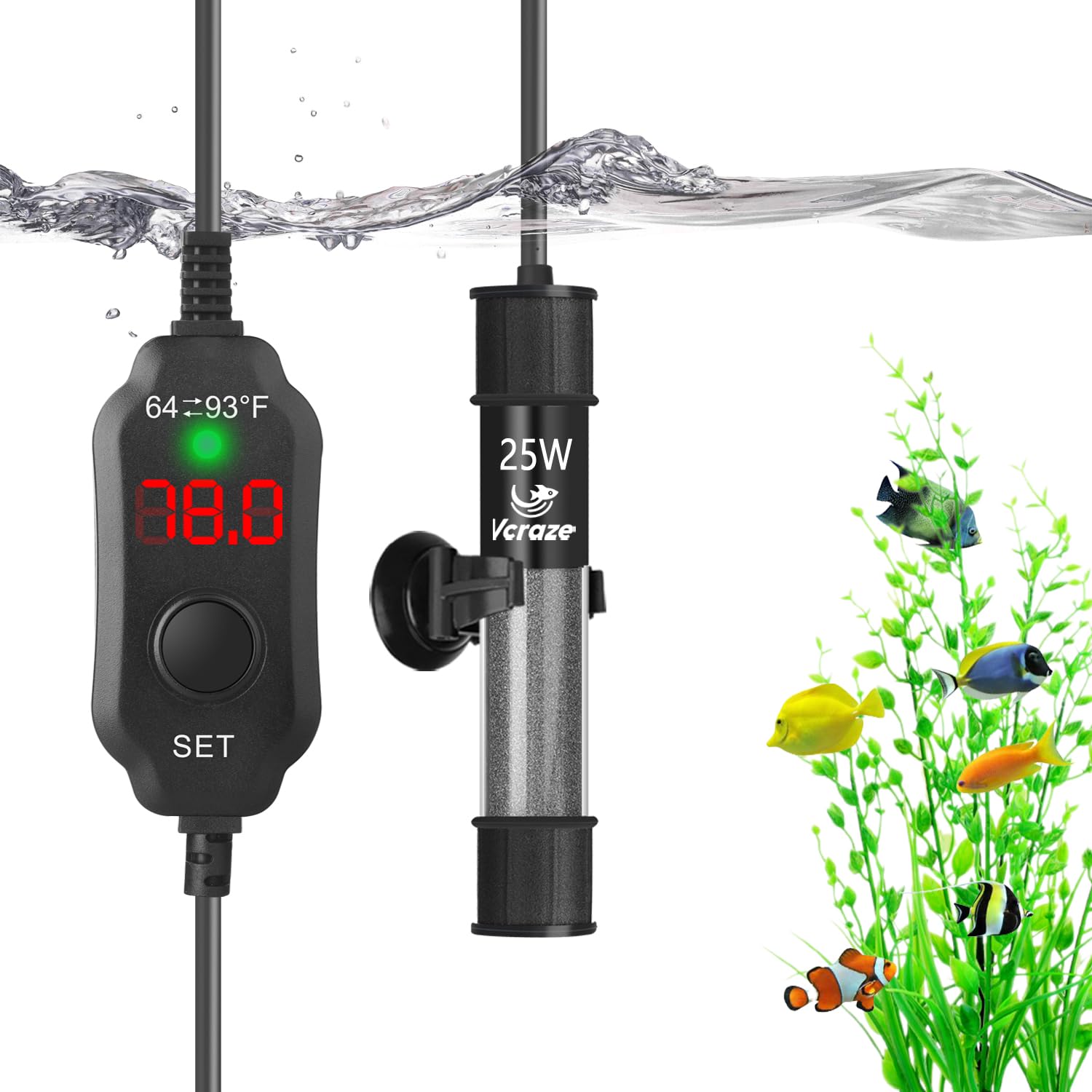 VCRAZE Super Compact 25W heater front view showing space-saving design for small tanks.