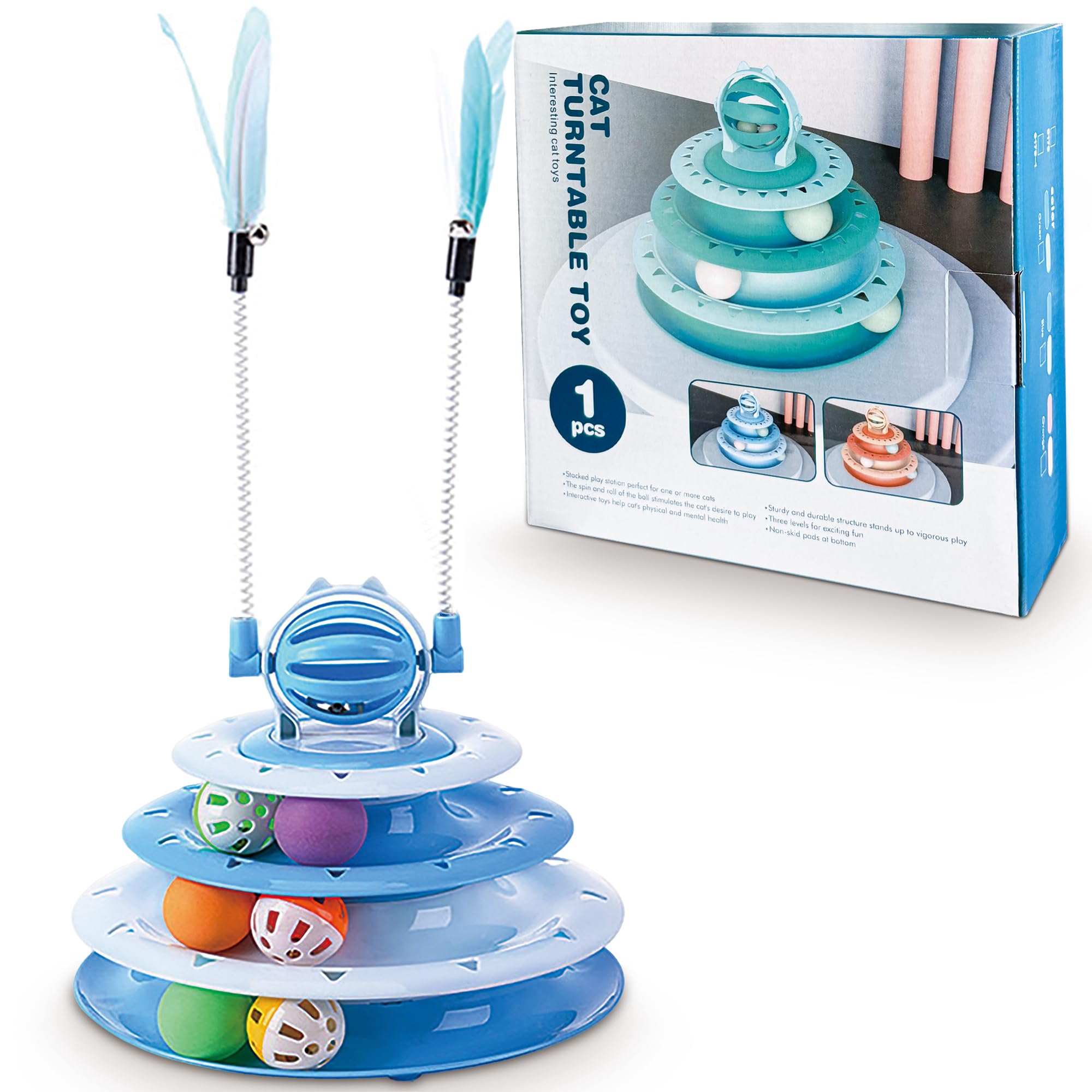Vealind Cat Toy Roller blue creative-head design attracts curious kittens.