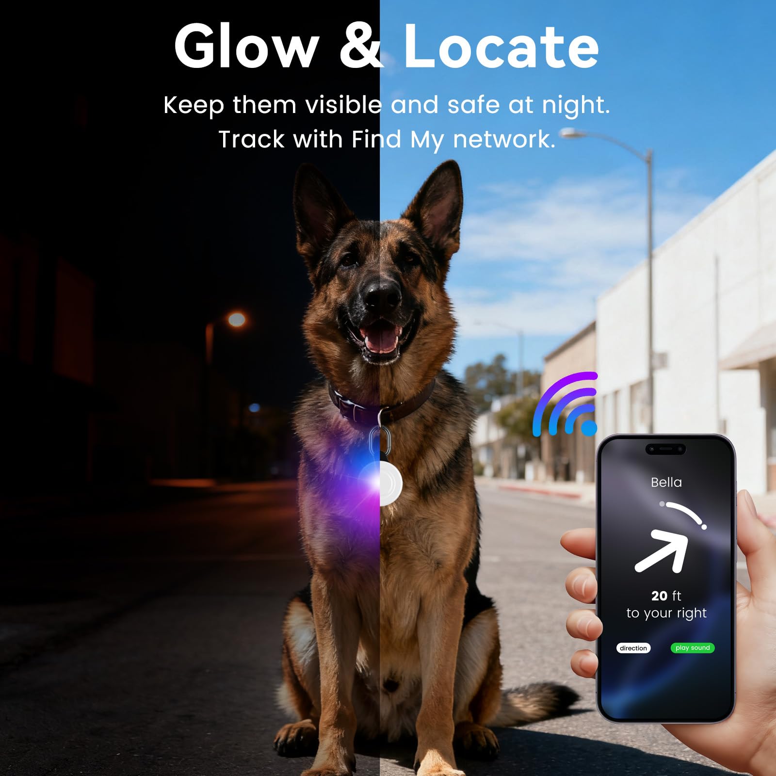 Vebiso dog light showing emergency RGB flash for high-visibility alerts.