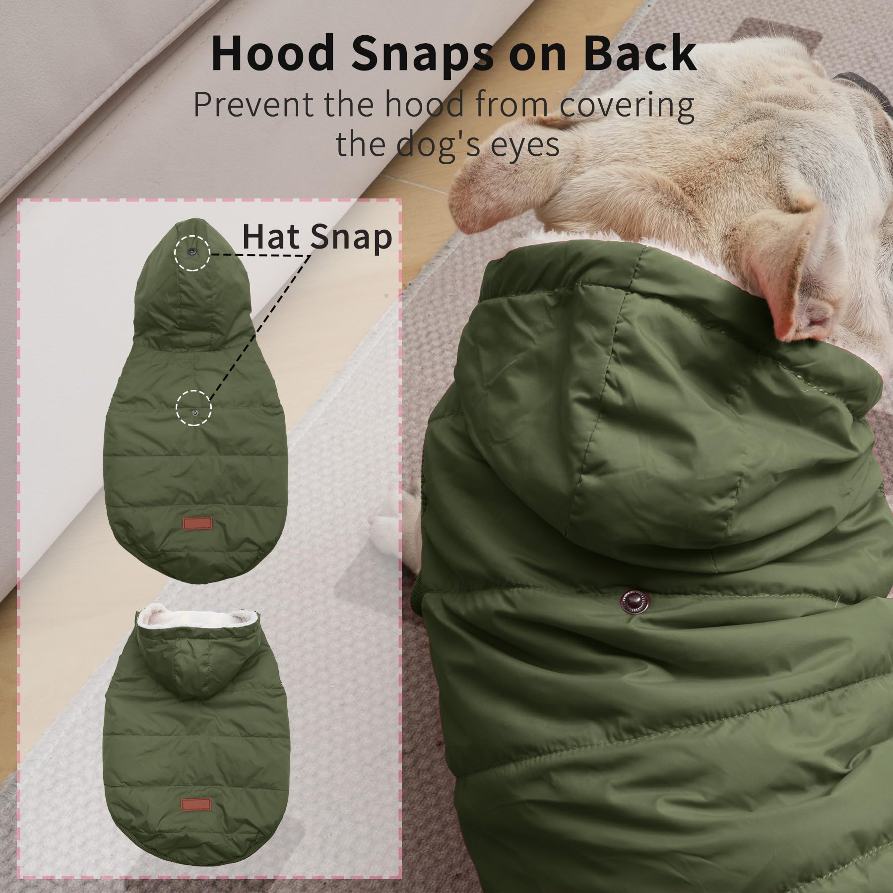 Vecomfy fleece-lined dog hoodie green back view for snug fit