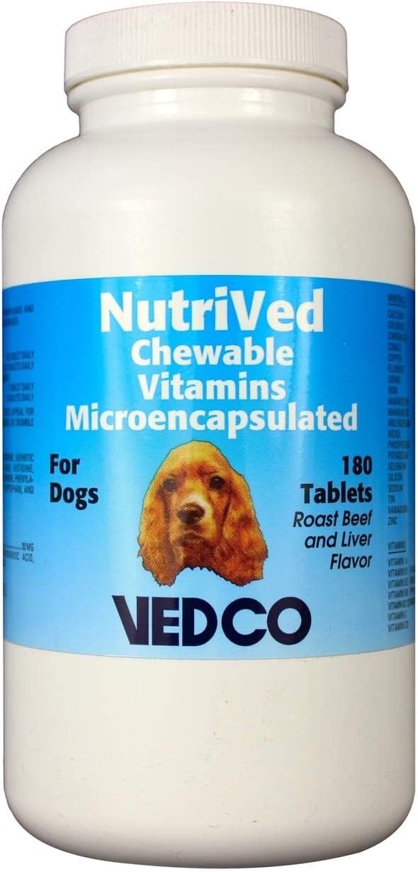Vedco NutriVed chewable vitamins for dogs bottle with roast beef flavor supports daily wellness.
