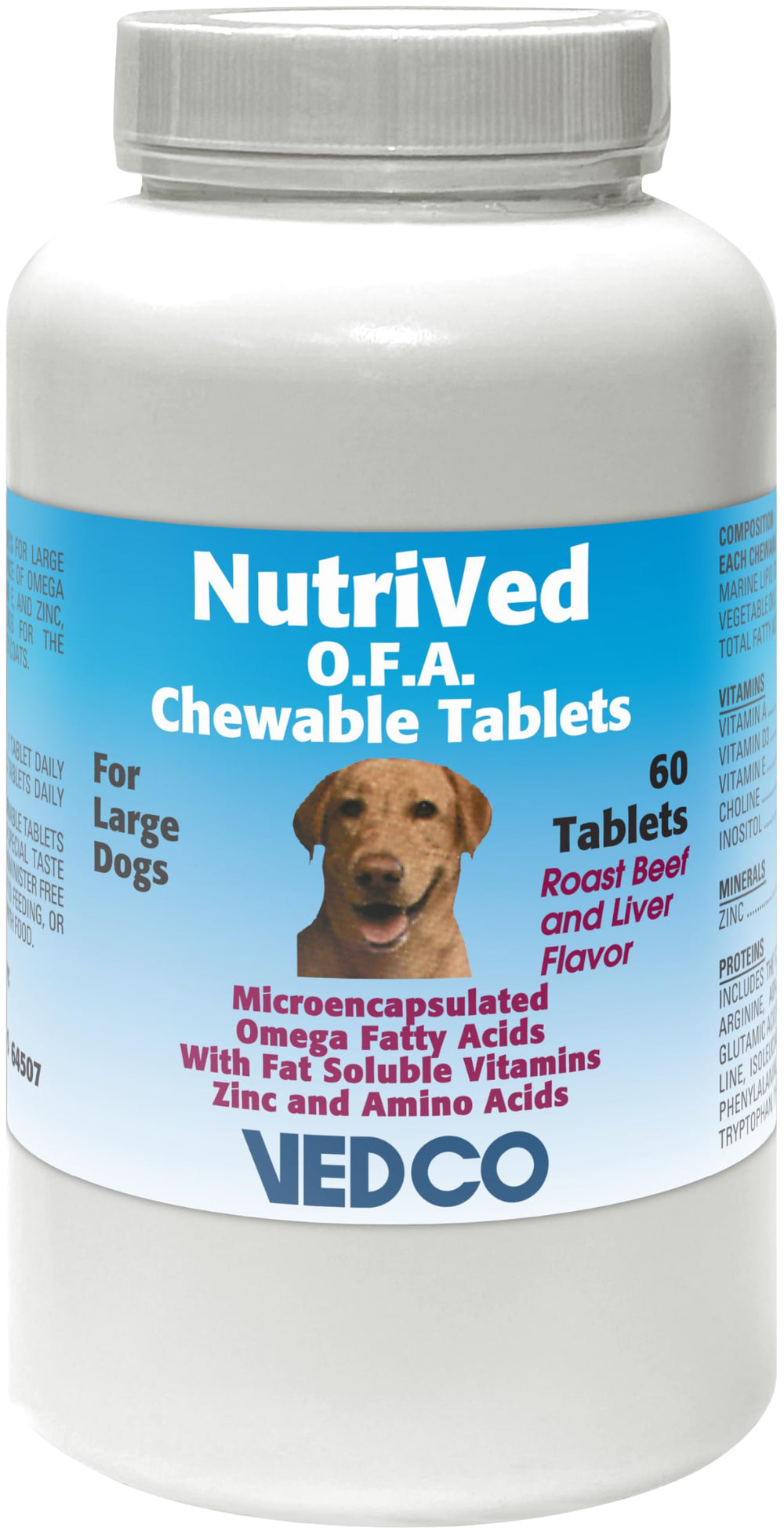 Vedco Nutrived O.F.A. chewable bottle for large dogs promotes healthy skin and coat.
