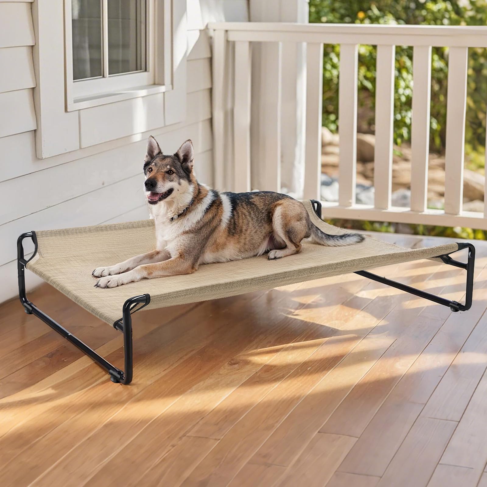 Veehoo Original Outdoor Elevated Dog Bed accommodates up to 130 lbs for large breeds.