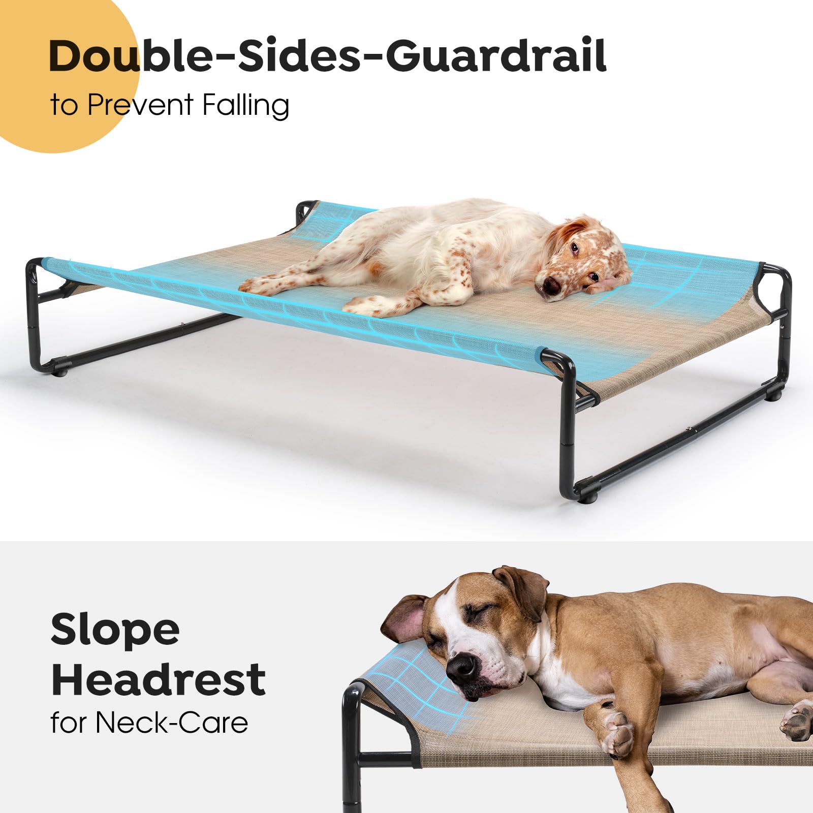 Veehoo Original Outdoor Elevated Dog Bed headrest slope design supports neck comfort during rest.