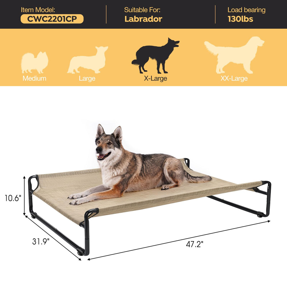 Veehoo Original Outdoor Elevated Dog Bed snap-on easy-assembly design for quick setup.