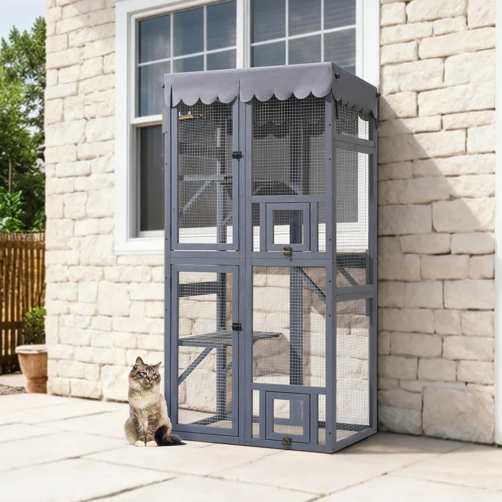 Veehoo Catio secure patio enclosure keeps pets safe while watching outdoor scenery.