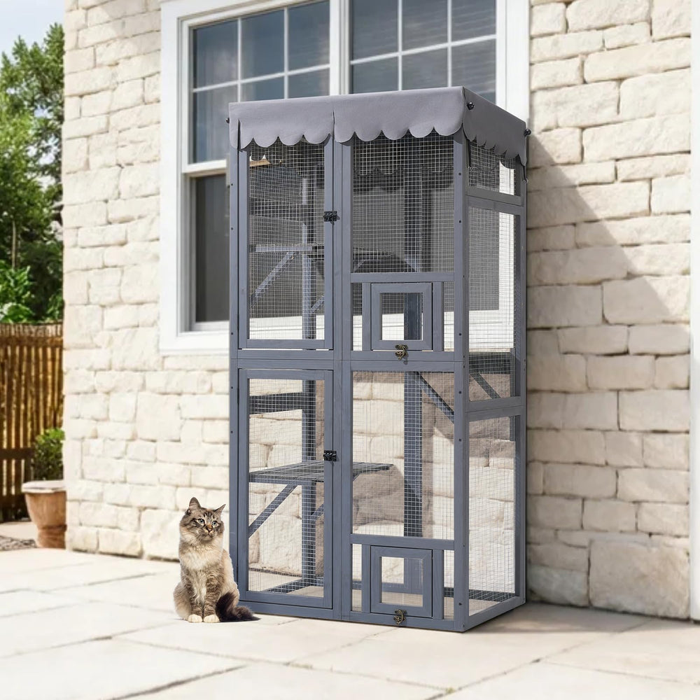 Veehoo Catio secure patio enclosure keeps pets safe while watching outdoor scenery.