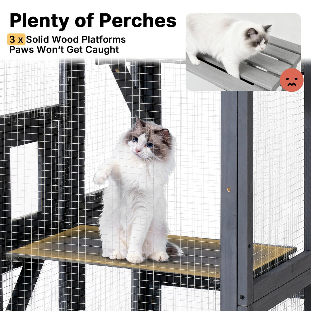 Veehoo Catio weatherproof roof protects cats from sun and light rain for year-round enjoyment.