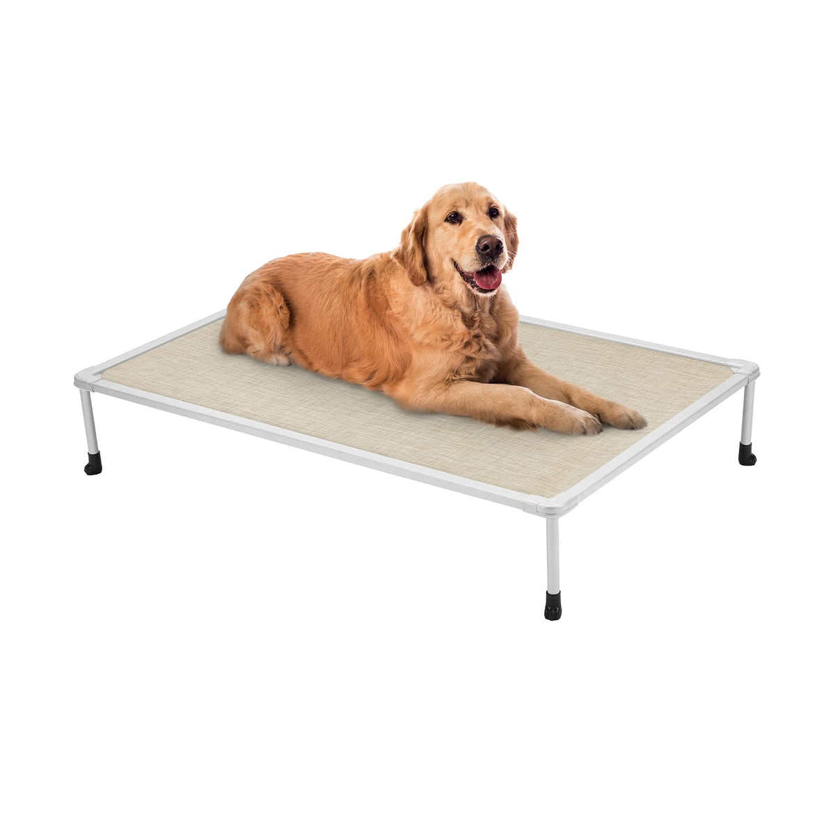 Veehoo Chewproof Elevated Dog Bed with cooling mesh supports large dogs during outdoor naps.