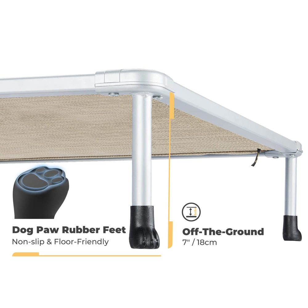 Veehoo Chewproof Elevated Dog Bed shows robust metal frame and non-slip feet for secure indoor use.