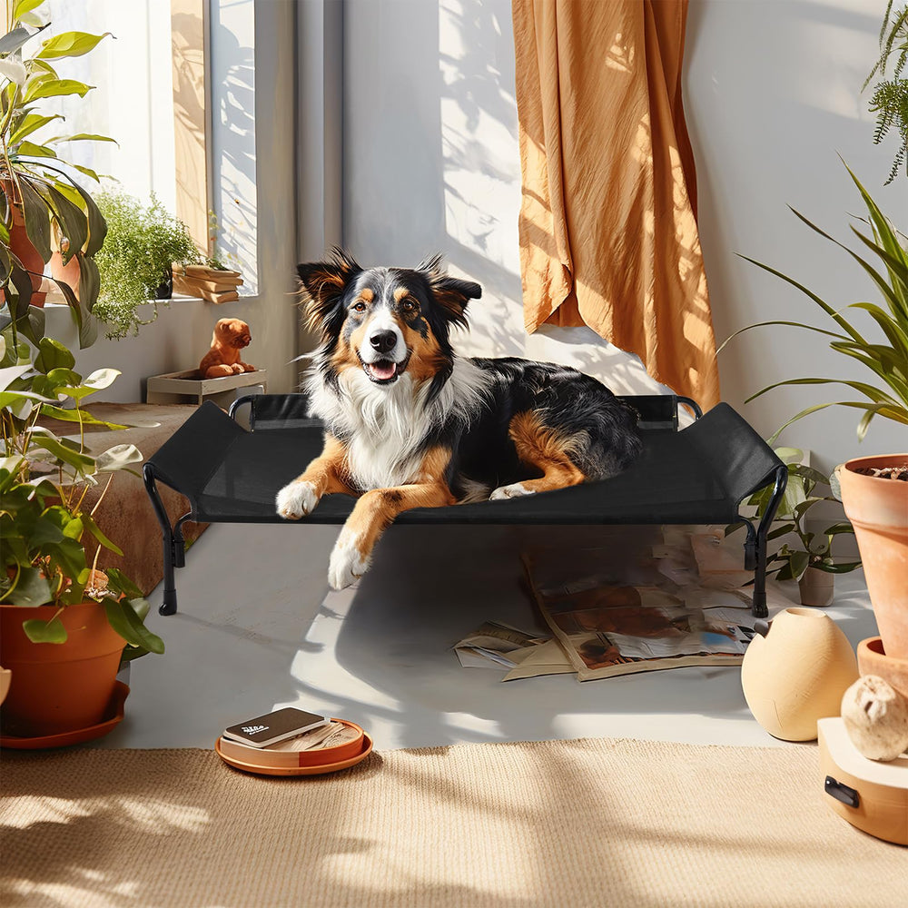 Veehoo cooling elevated dog bed dog-resting depicts elevated comfortable lounge