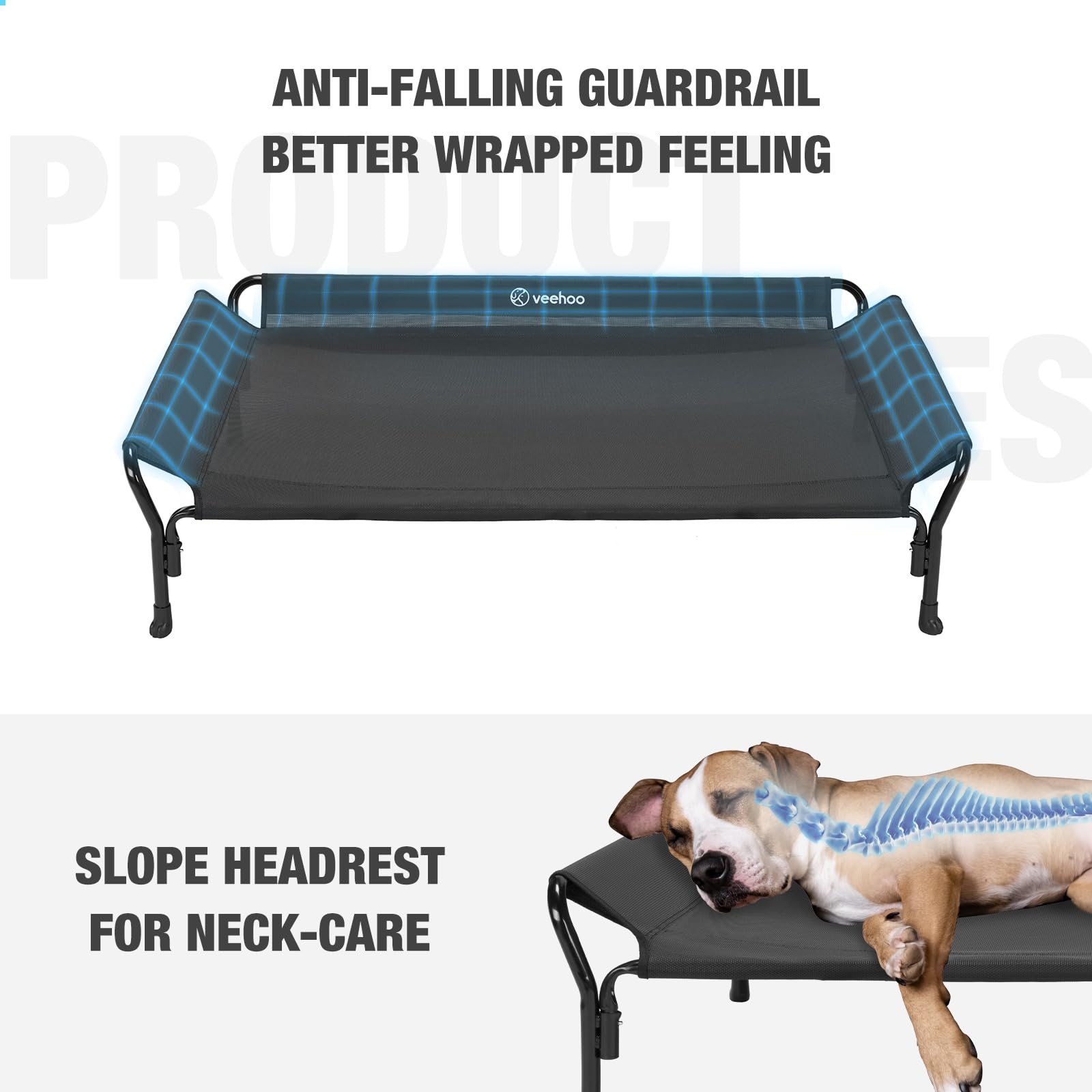 Veehoo cooling elevated dog bed guardrail detail highlights secure perching