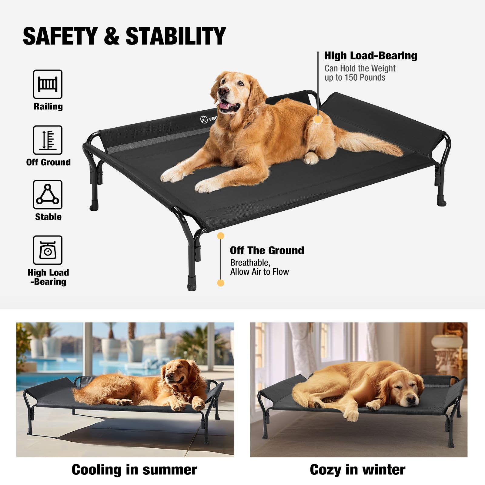 Veehoo cooling elevated dog bed outdoor-use illustrates patio-ready design