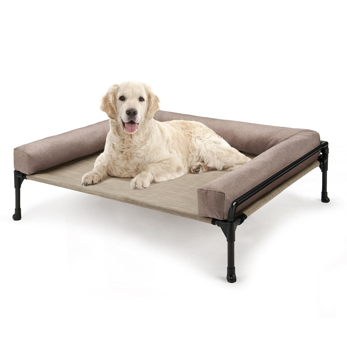 Veehoo elevated dog bed frame provides sturdy support for large dogs outdoors.