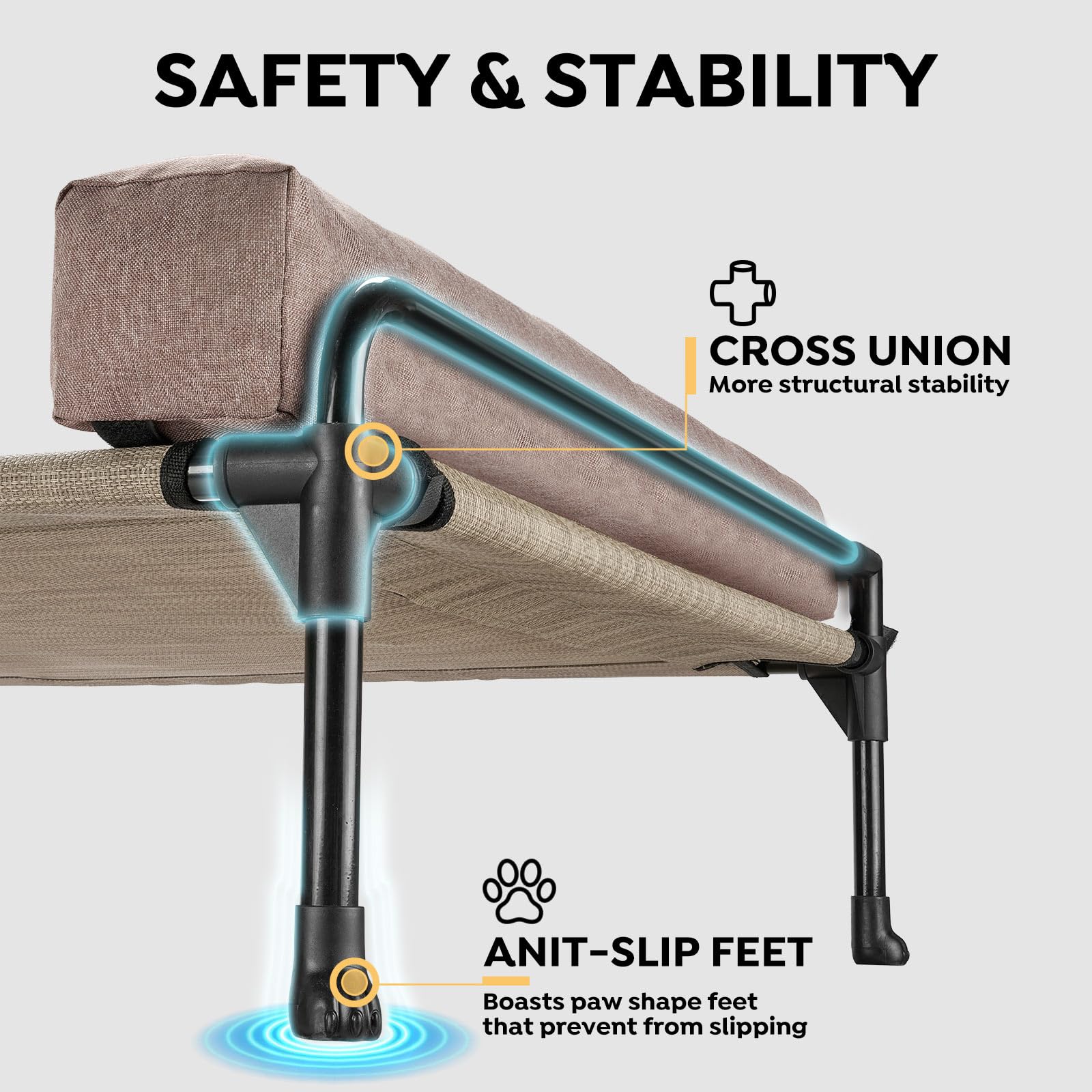 Veehoo elevated dog bed three-sided bolster offers secure lounging and comfort.