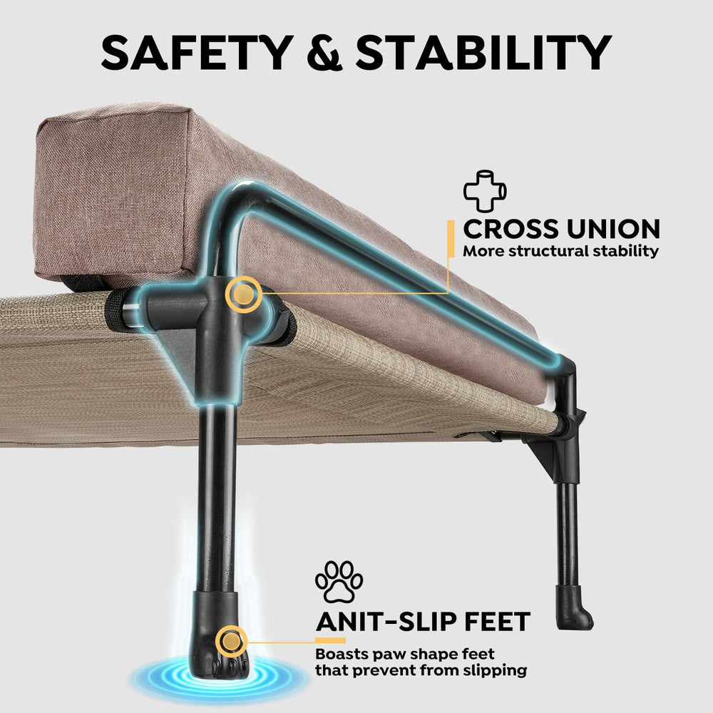 Veehoo elevated dog bed three-sided bolster offers secure lounging and comfort.