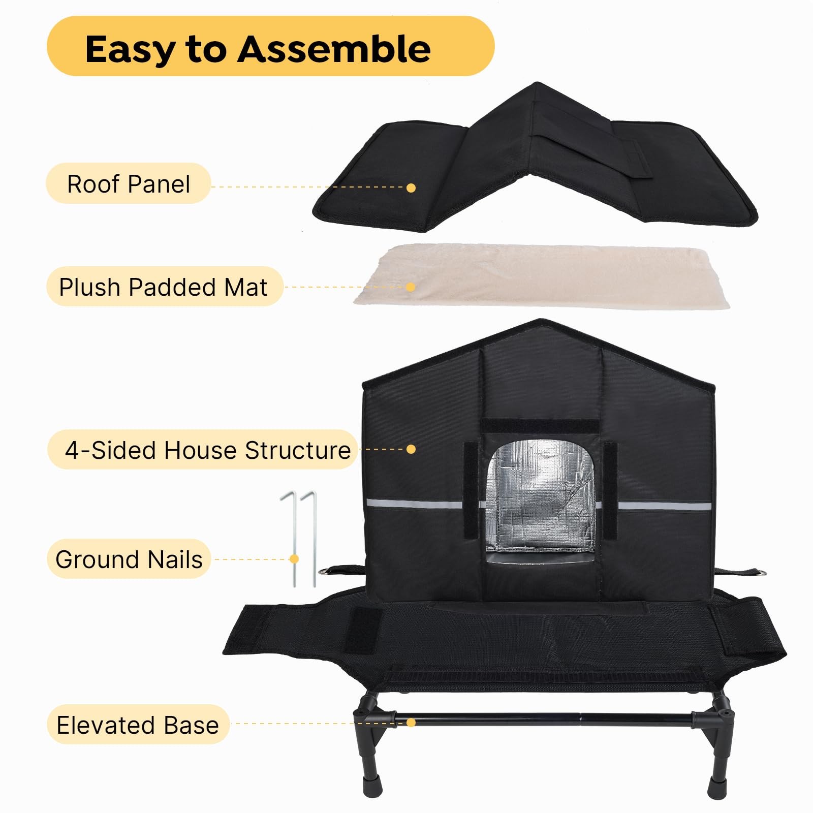 Veehoo portable feral cat shelter setup shows tool-free assembly for porch, garage, or barn.