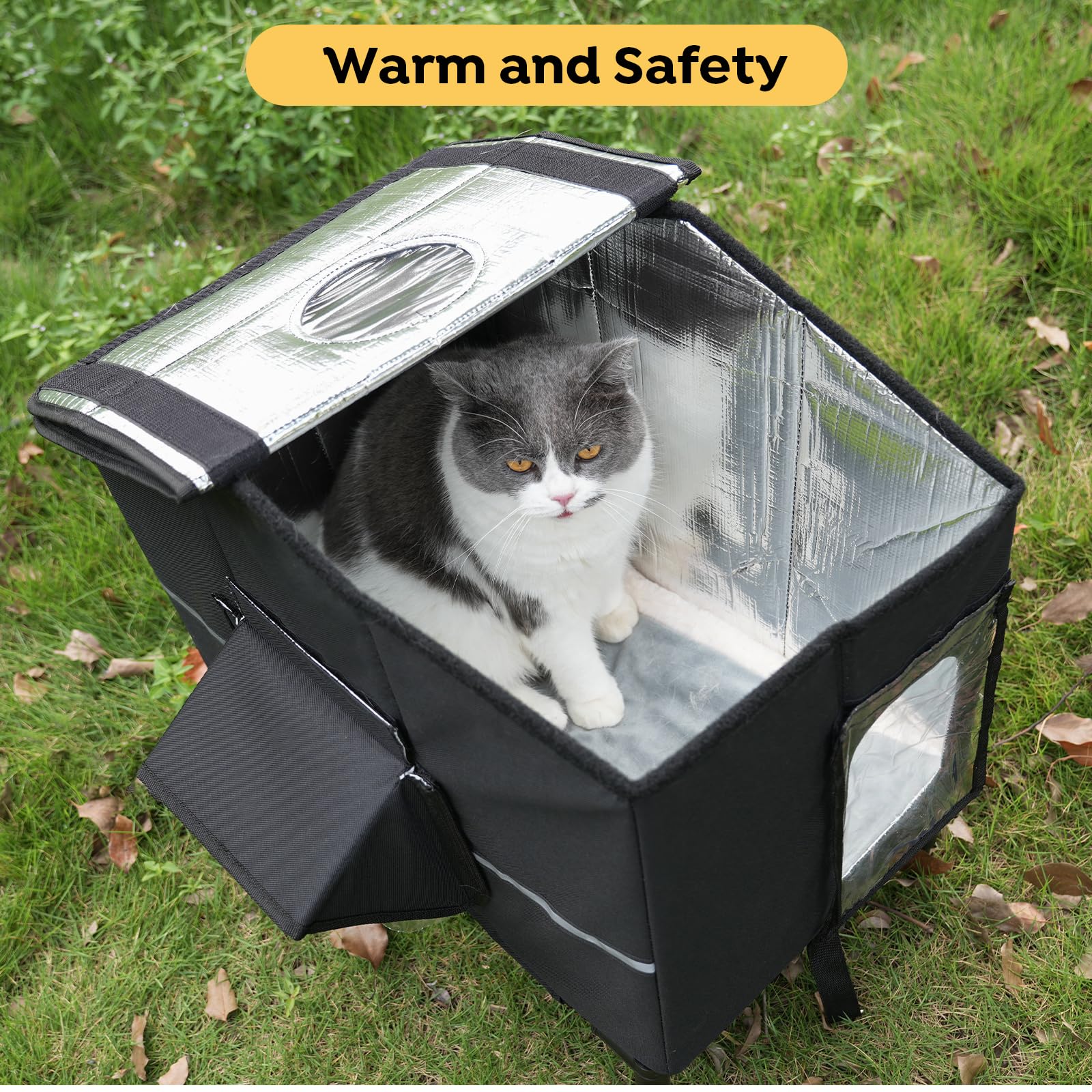 Veehoo weatherproof cat house roof with eaves shields from rain and snow.