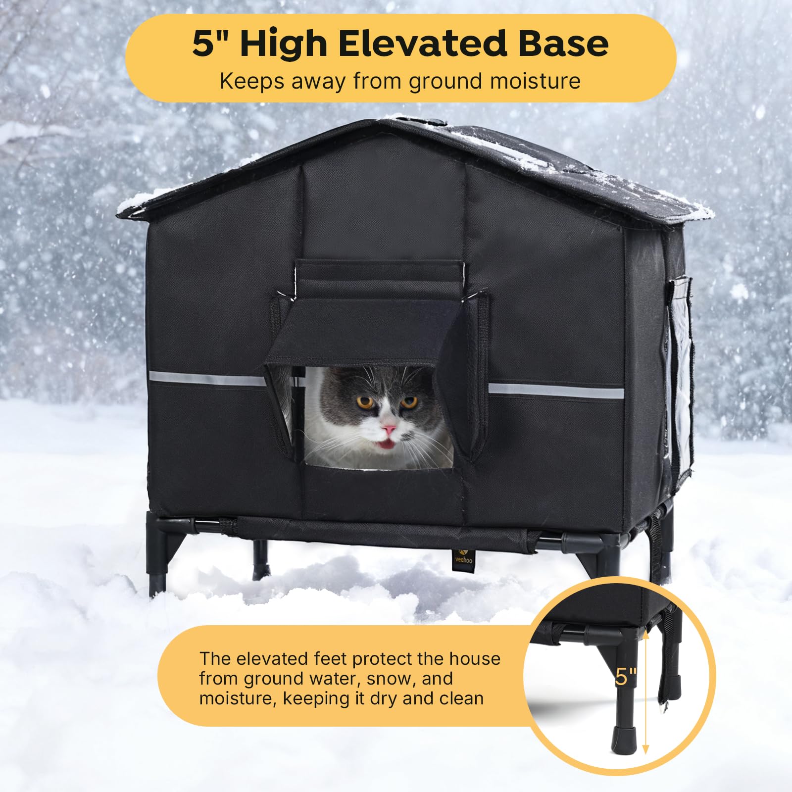 Veehoo cat shelter weatherproof side profile shows extended roof protecting from rain and snow.