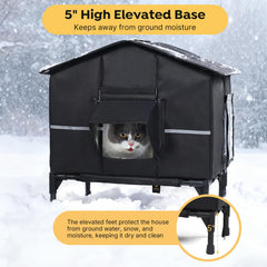 Veehoo cat shelter weatherproof side profile shows extended roof protecting from rain and snow.