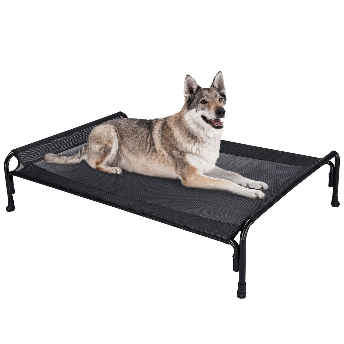 Veehoo outdoor elevated dog bed front view shows breathable cooling mesh.