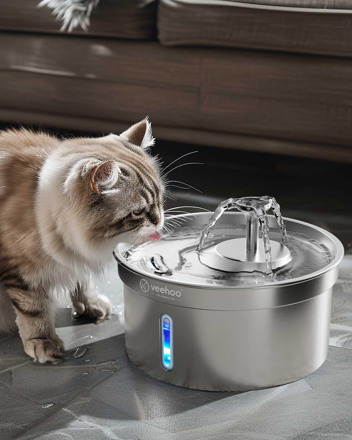 Veehoo 304 stainless steel cat fountain showcases durable construction and hydration reliability.