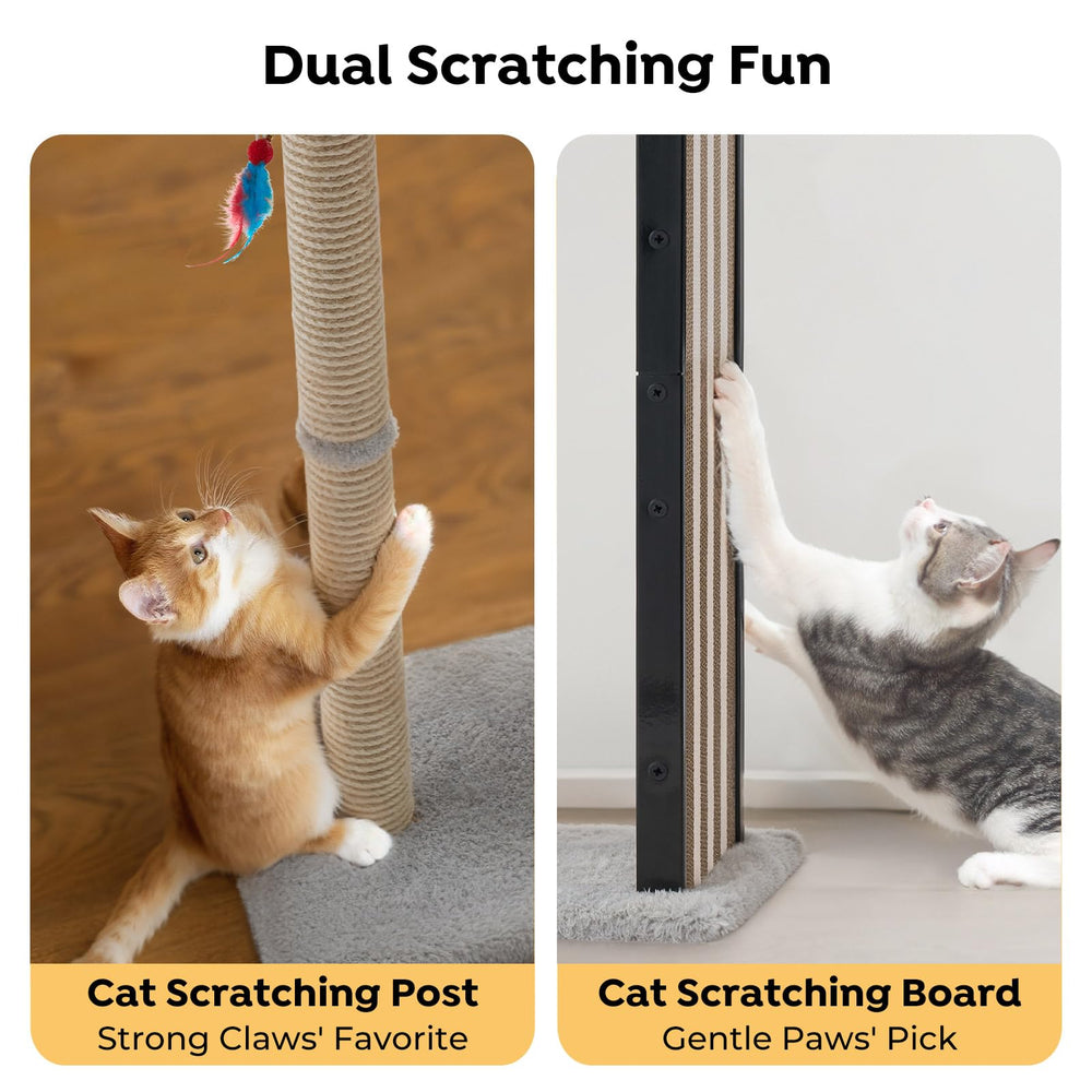 Veehoo 35-tall cat scratching post metal frame supports durable scratching.