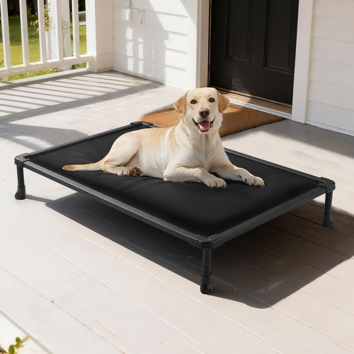 Veehoo chew-proof elevated dog bed 41in setup demonstrates durability and comfort.