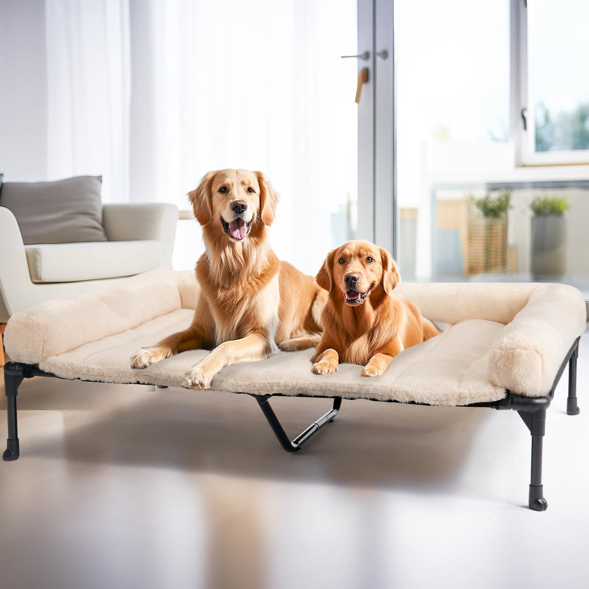 Veehoo cooling elevated dog bed frame assembled for stability and roomy lounging.