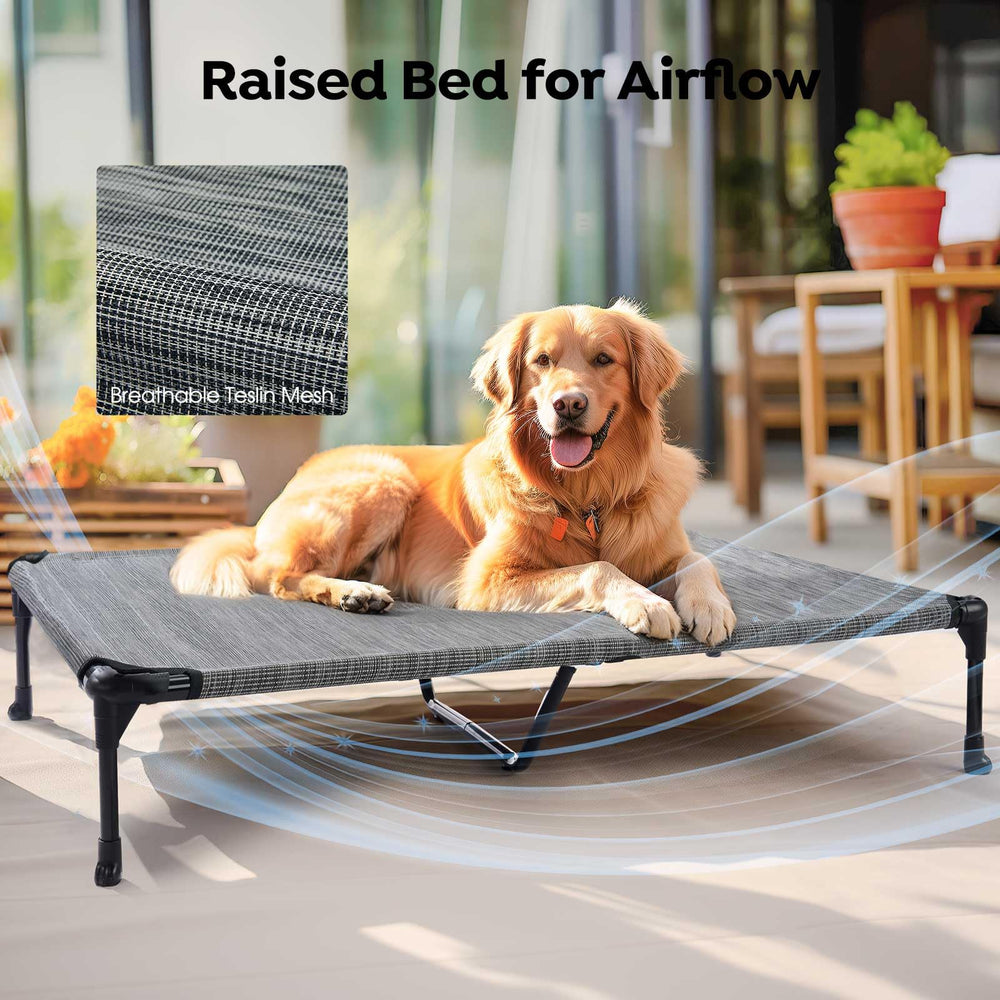 Veehoo cooling elevated dog bed indoor/outdoor use supports versatile spaces and easy transport.