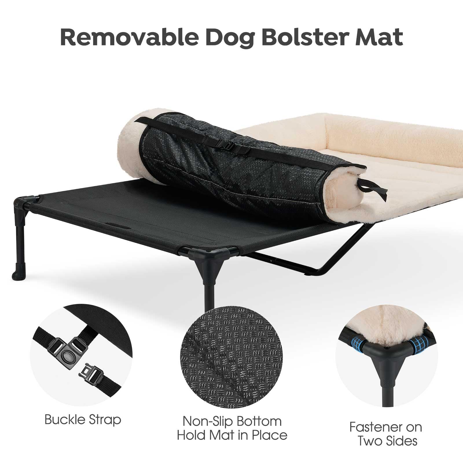 Veehoo raised-design bed with non-slip feet keeping large dogs secure.