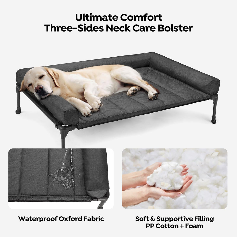 Veehoo cooling elevated dog bed close-up on removable bolster for easy cleaning