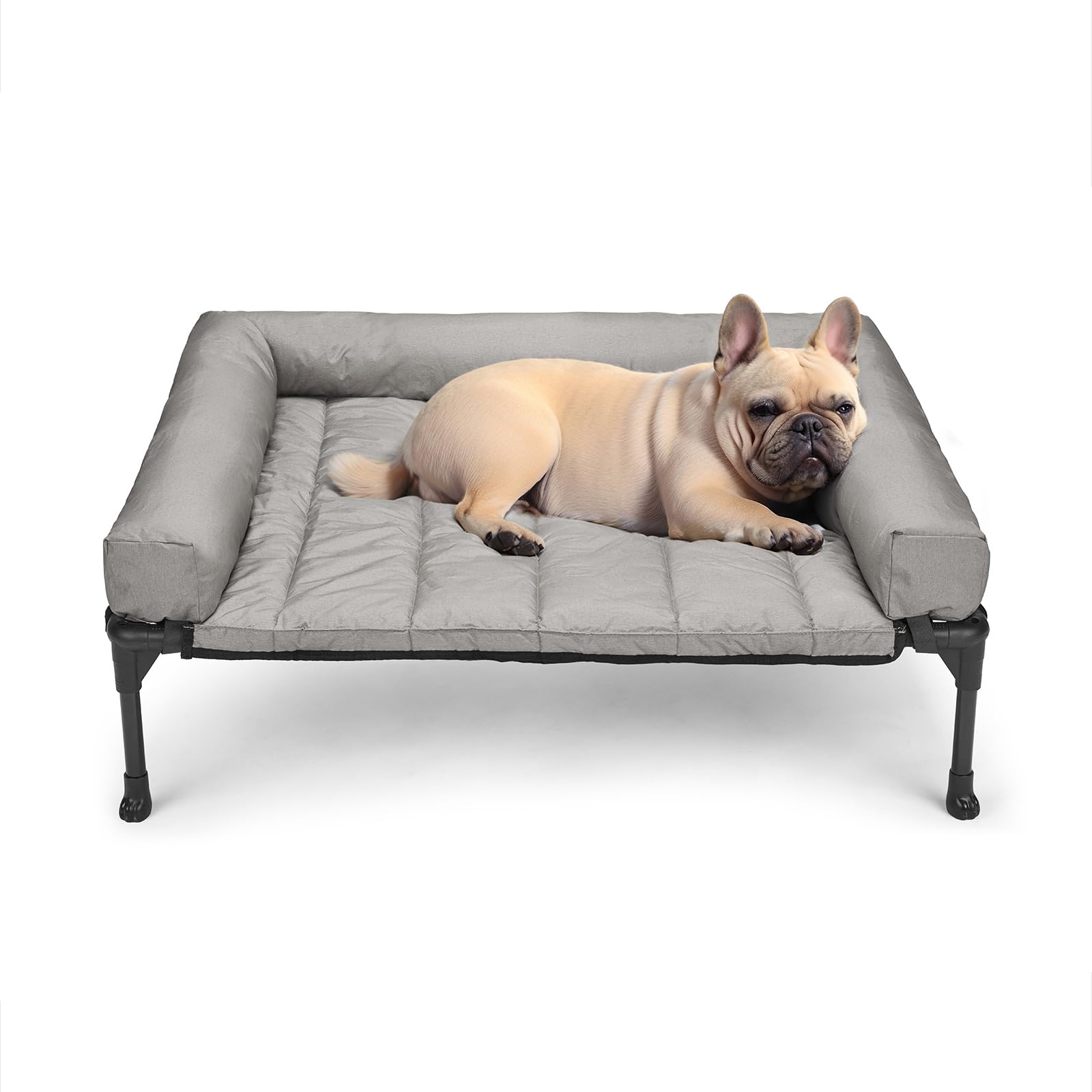 Veehoo cooling elevated dog bed side view shows sturdy frame for indoor or outdoor lounging.