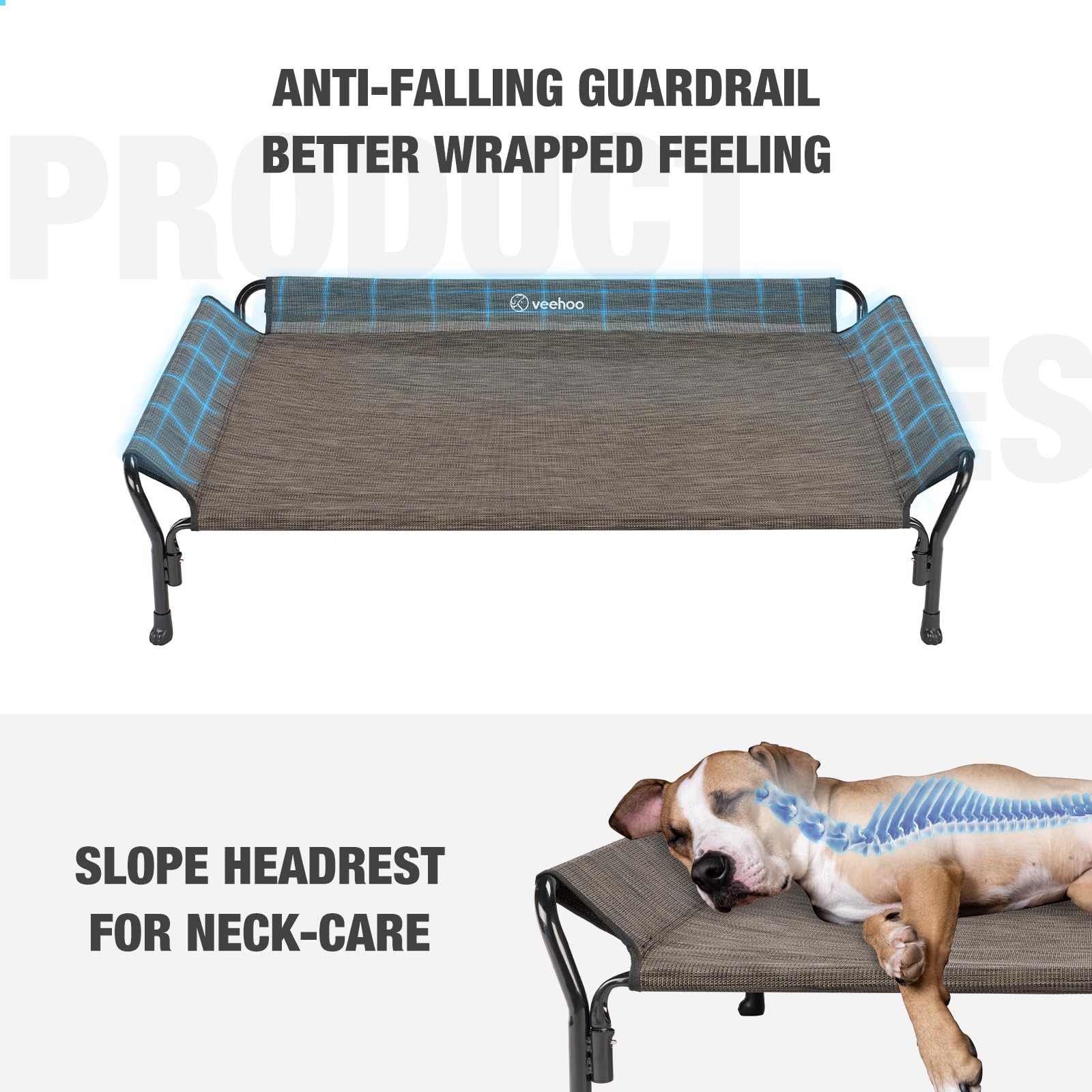 Veehoo cooling elevated dog bed with slope headrest promotes neck comfort during naps
