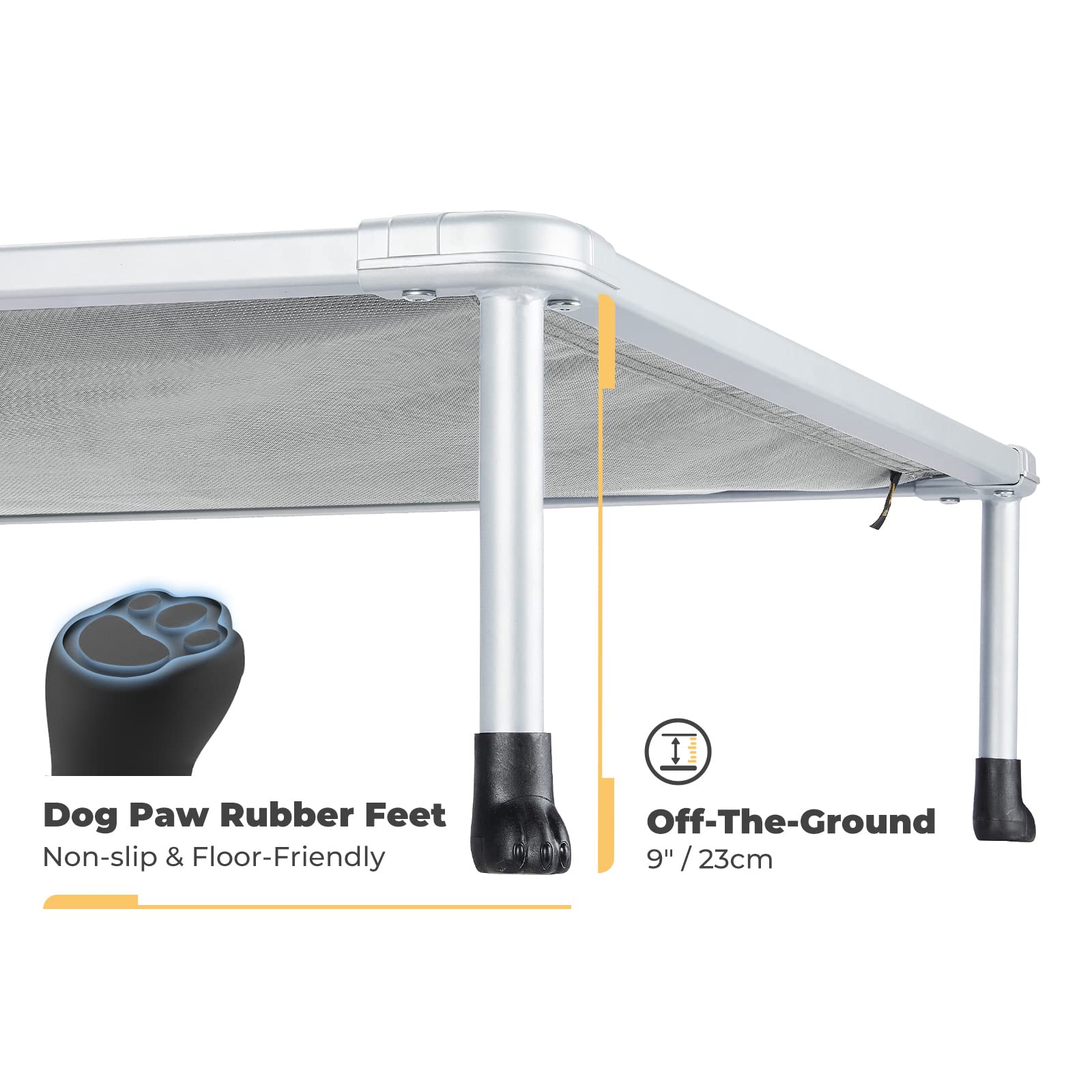Veehoo cooling raised pet cot demonstrates breathable mesh for cooler resting surfaces