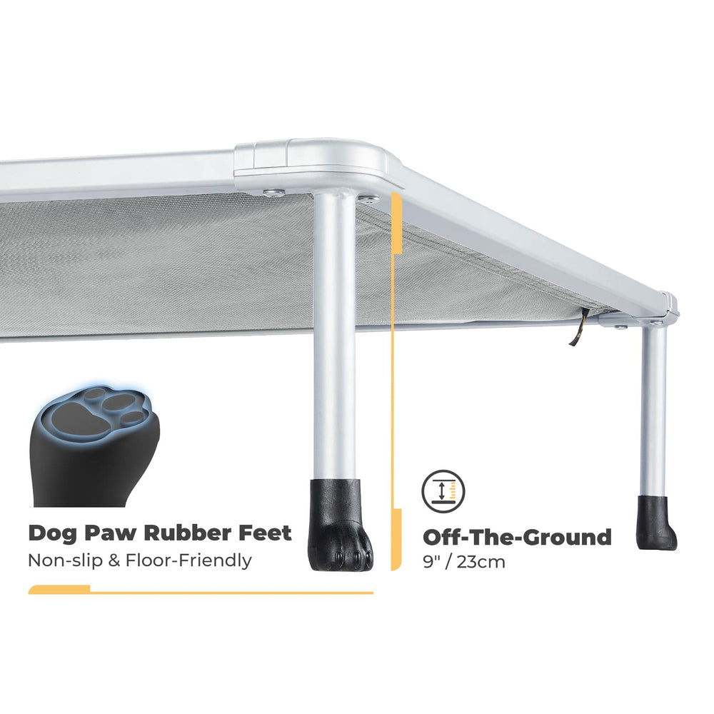 Veehoo cooling raised pet cot demonstrates breathable mesh for cooler resting surfaces