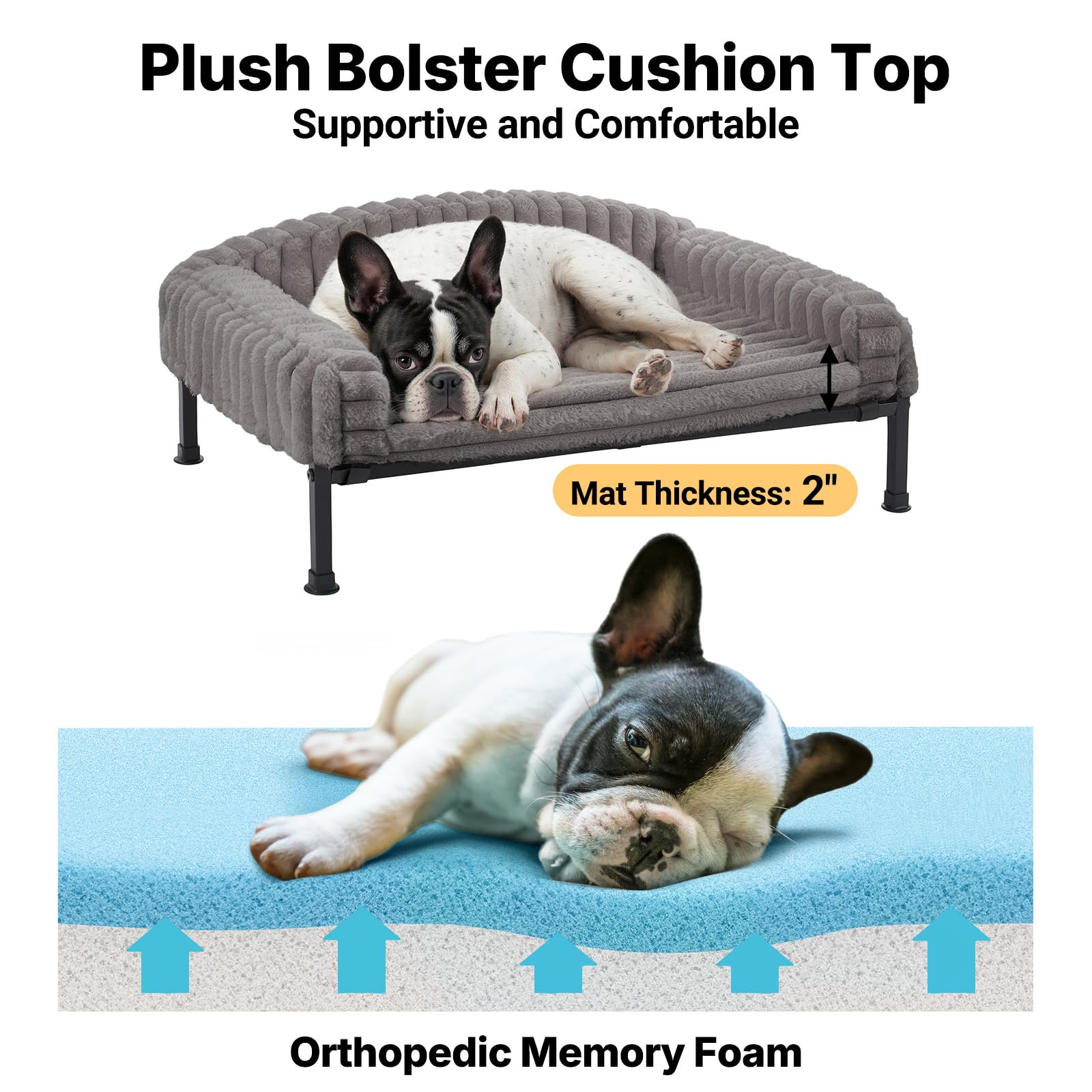 Veehoo elevated dog bed grey bolster closeup emphasizing plush surface for calming rest.