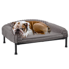 Veehoo elevated dog bed grey side view, showcasing stable non-slip feet for indoor use.